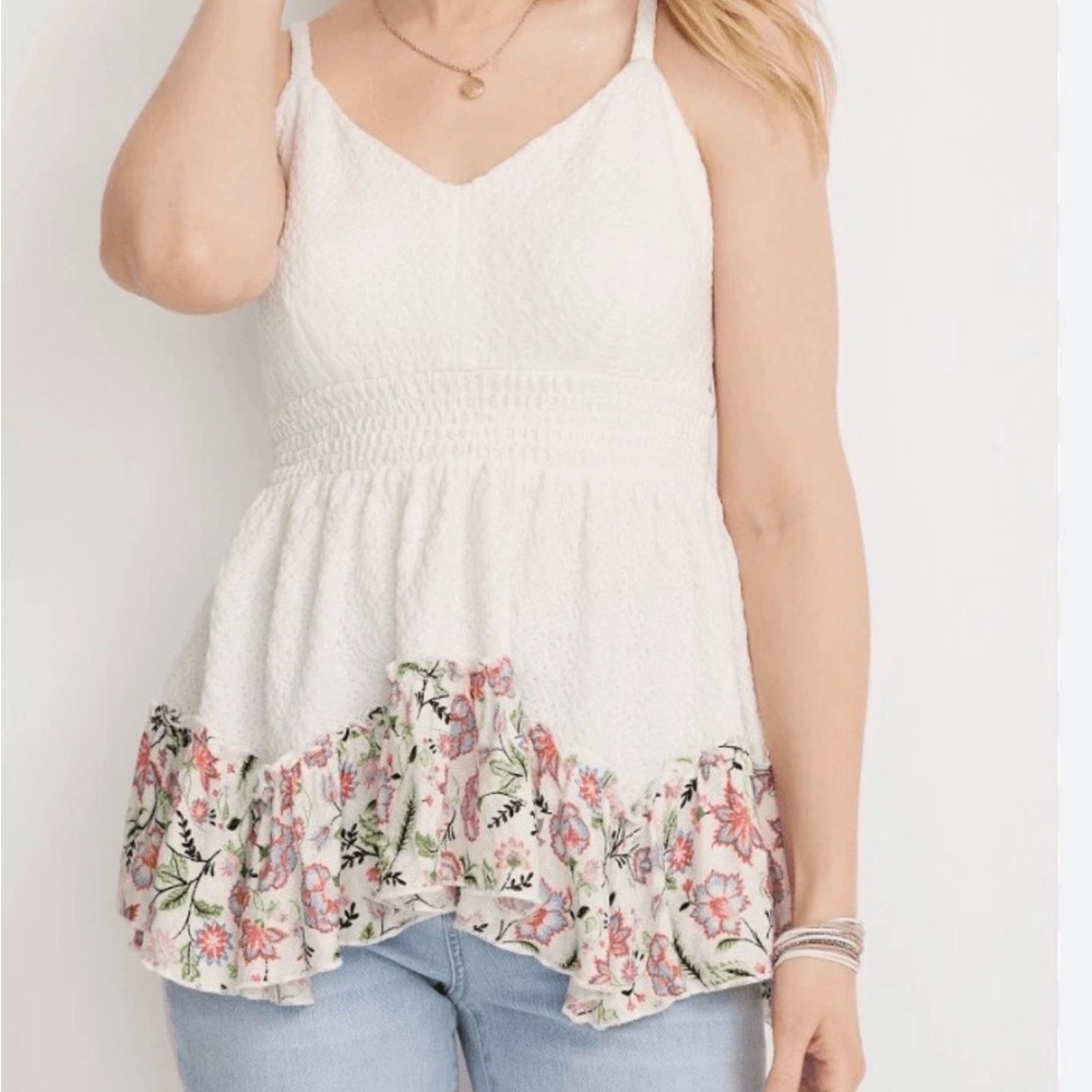 Maurices White Y2K babydoll fairy Top with Floral Ruffle Hem Size XS